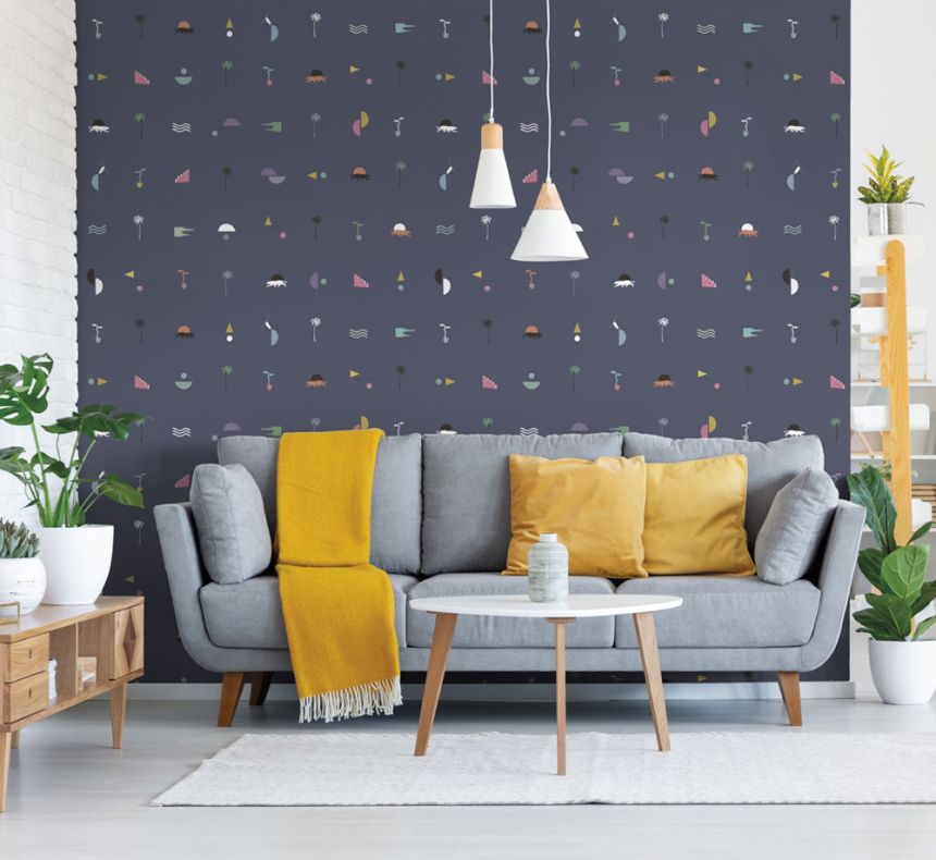 Sötétkék vlies tapéta pálmafákkal, párducokkal 6510-3, 106x300cm, Batabasta, ICH Wallcoverings