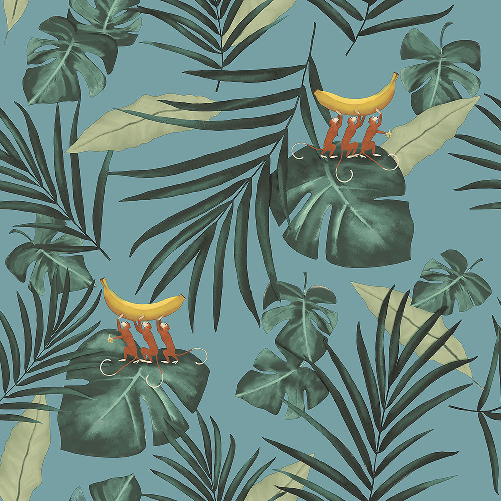 Türkiz vlies tapéta, levelek, majmok 6502-1, Batabasta, ICH Wallcoverings