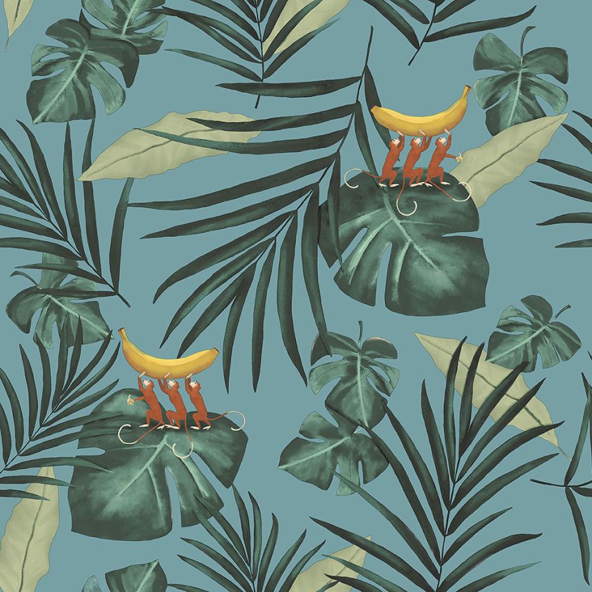 Türkiz vlies tapéta, levelek, majmok 6502-1, Batabasta, ICH Wallcoverings