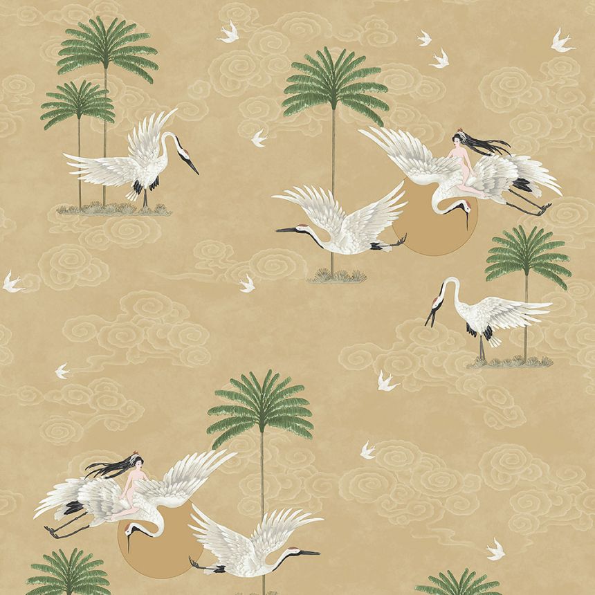Okker romantikus tapéta, madarak, pálmafák 6501-4, Batabasta, ICH Wallcoverings