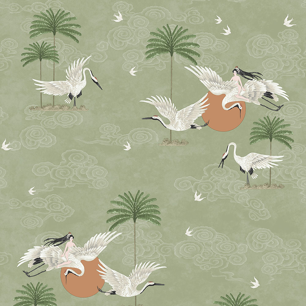 Zöld romantikus tapéta, madarak, pálmafák 6501-3, Batabasta, ICH Wallcoverings