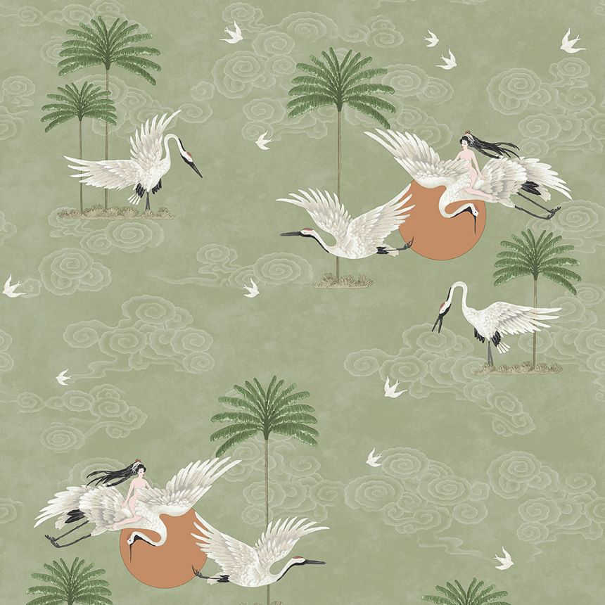 Zöld romantikus tapéta, madarak, pálmafák 6501-3, Batabasta, ICH Wallcoverings