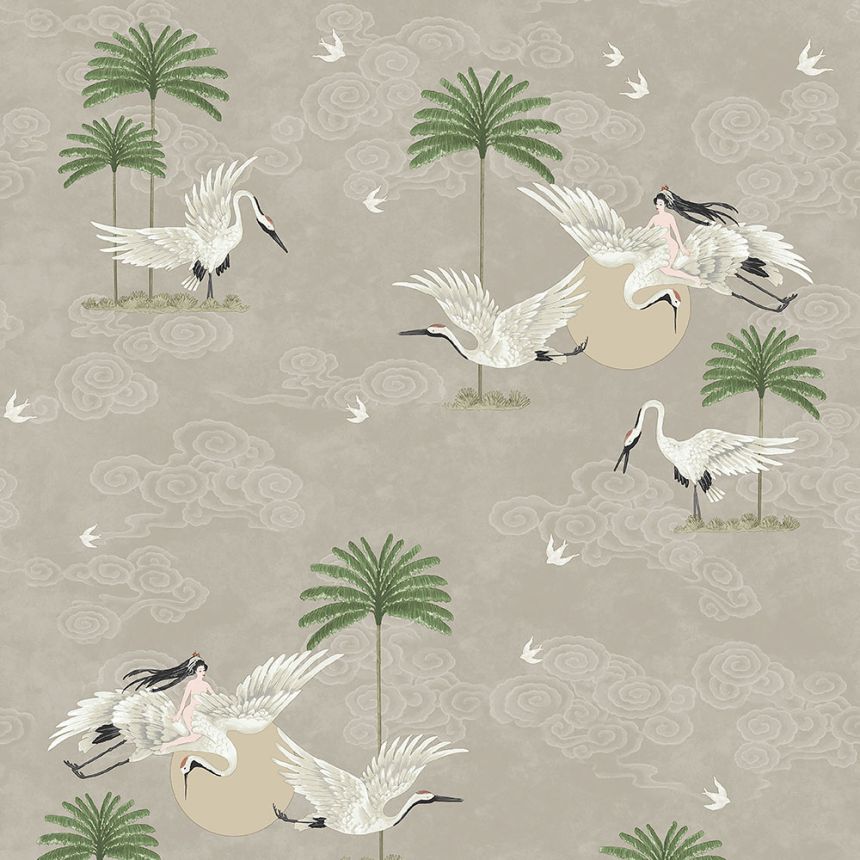 Bézs romantikus tapéta, madarak, pálmafák 6501-2, Batabasta, ICH Wallcoverings