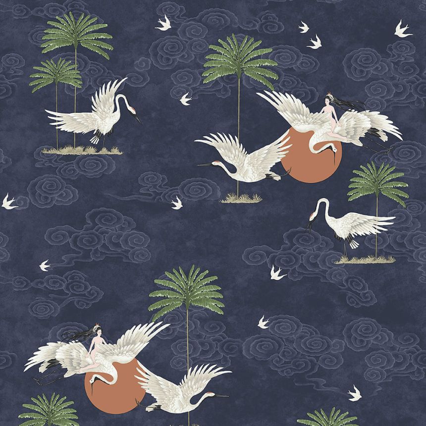 Kék romantikus tapéta, madarak, pálmafák 6501-1, Batabasta, ICH Wallcoverings