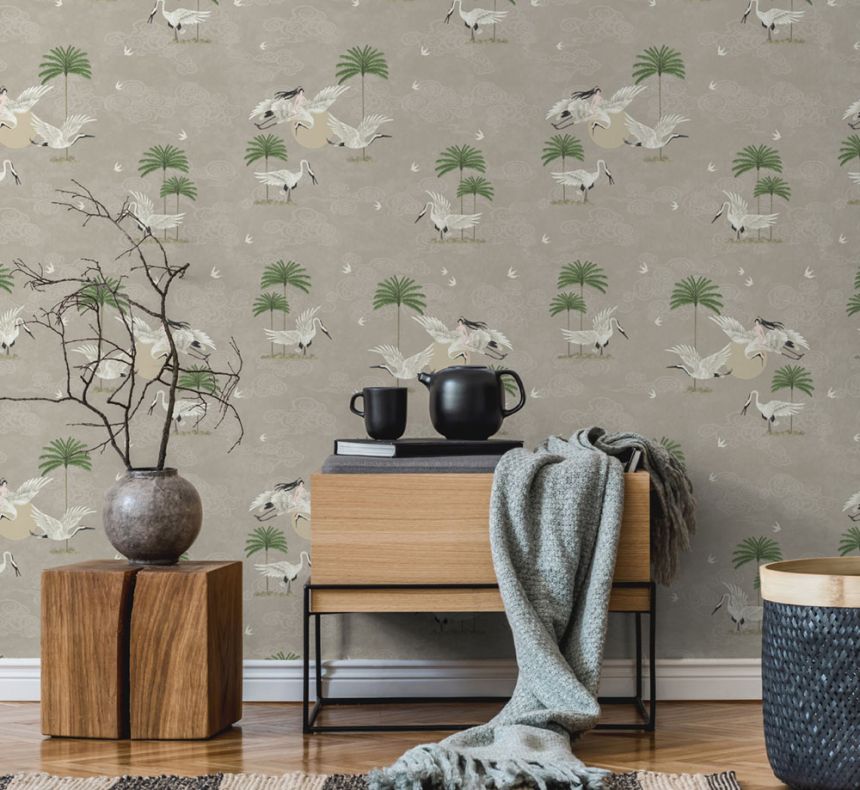 Kék romantikus tapéta, madarak, pálmafák 6501-1, Batabasta, ICH Wallcoverings